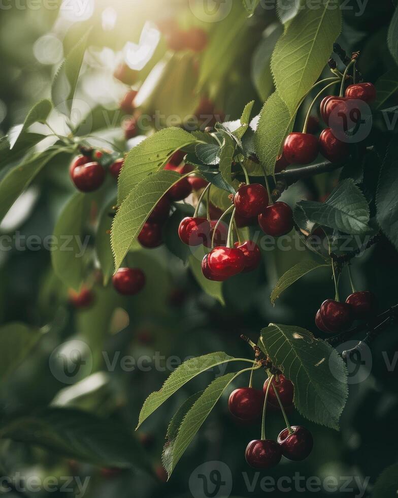 A cluster of ripe red cherries hang from the branches of a tree. photo