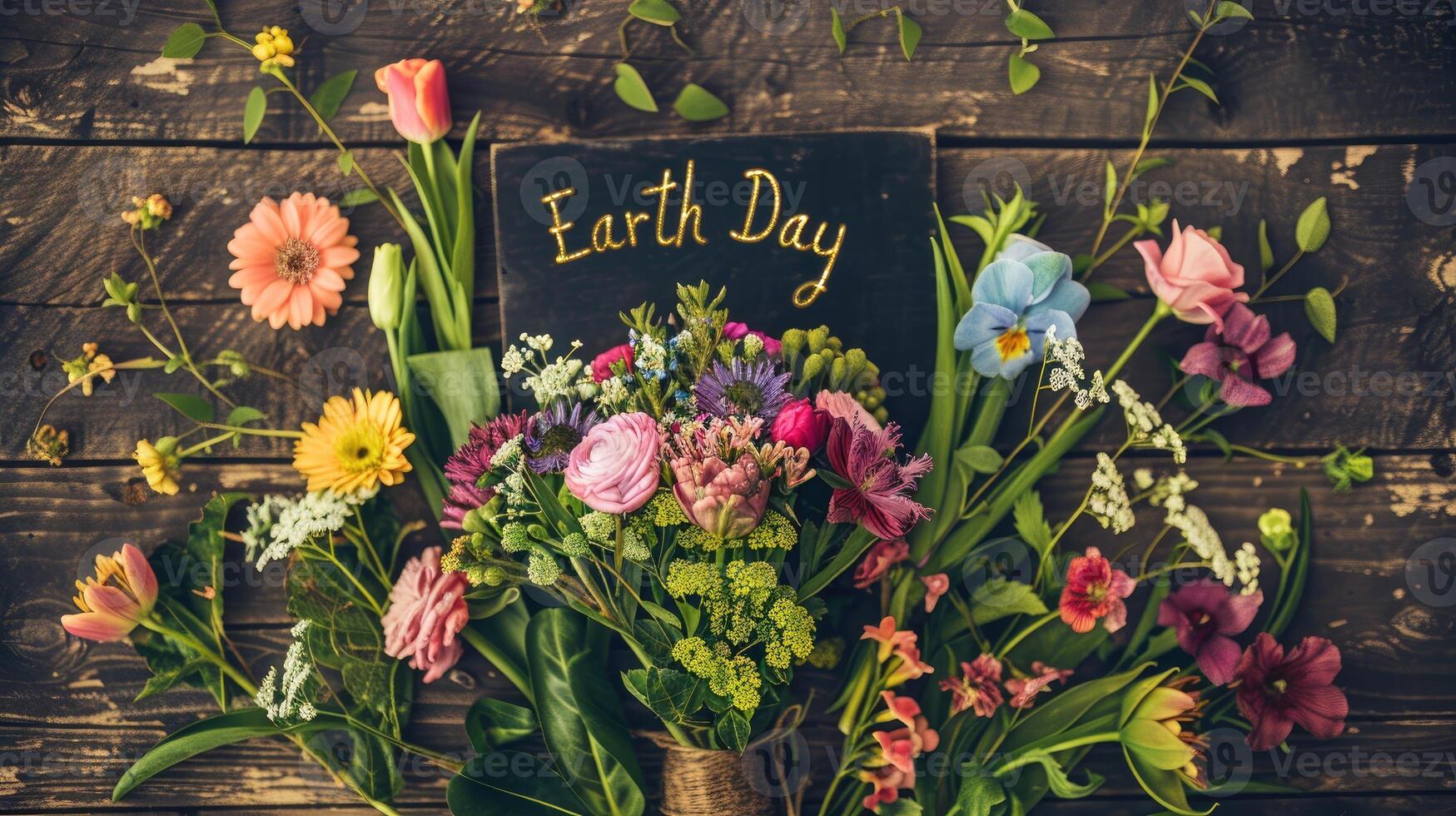 Beautiful colorful flowers bouquet over rustic wood background. photo