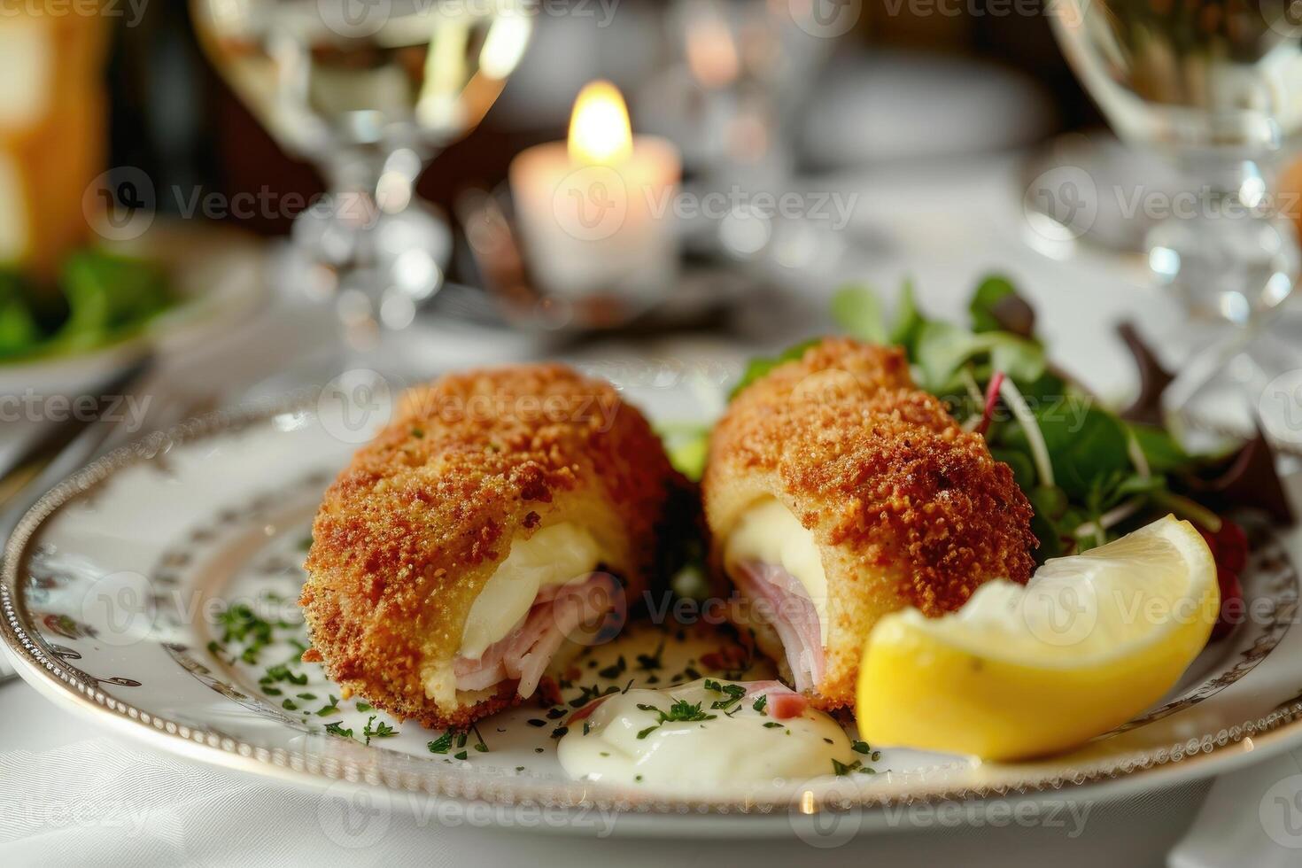 Breaded cutlet stuffed with ham and cheese, sliced in half to reveal the melty interior, on a fine porcelain plate. photo