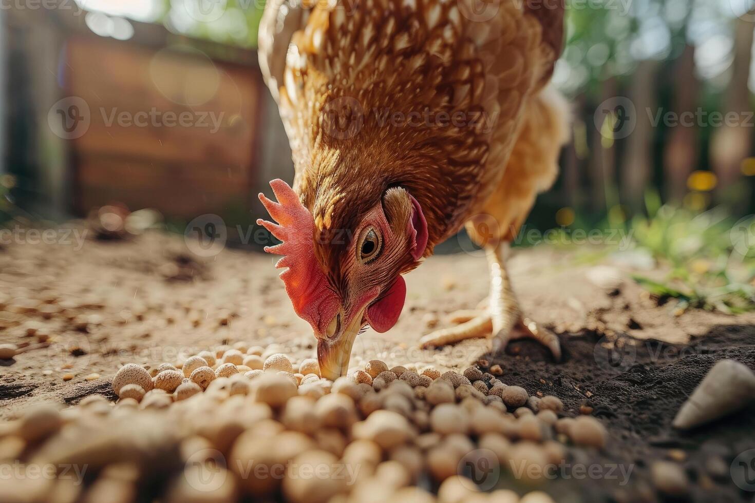 Chicken eats feed and grain at eco chicken farm photo