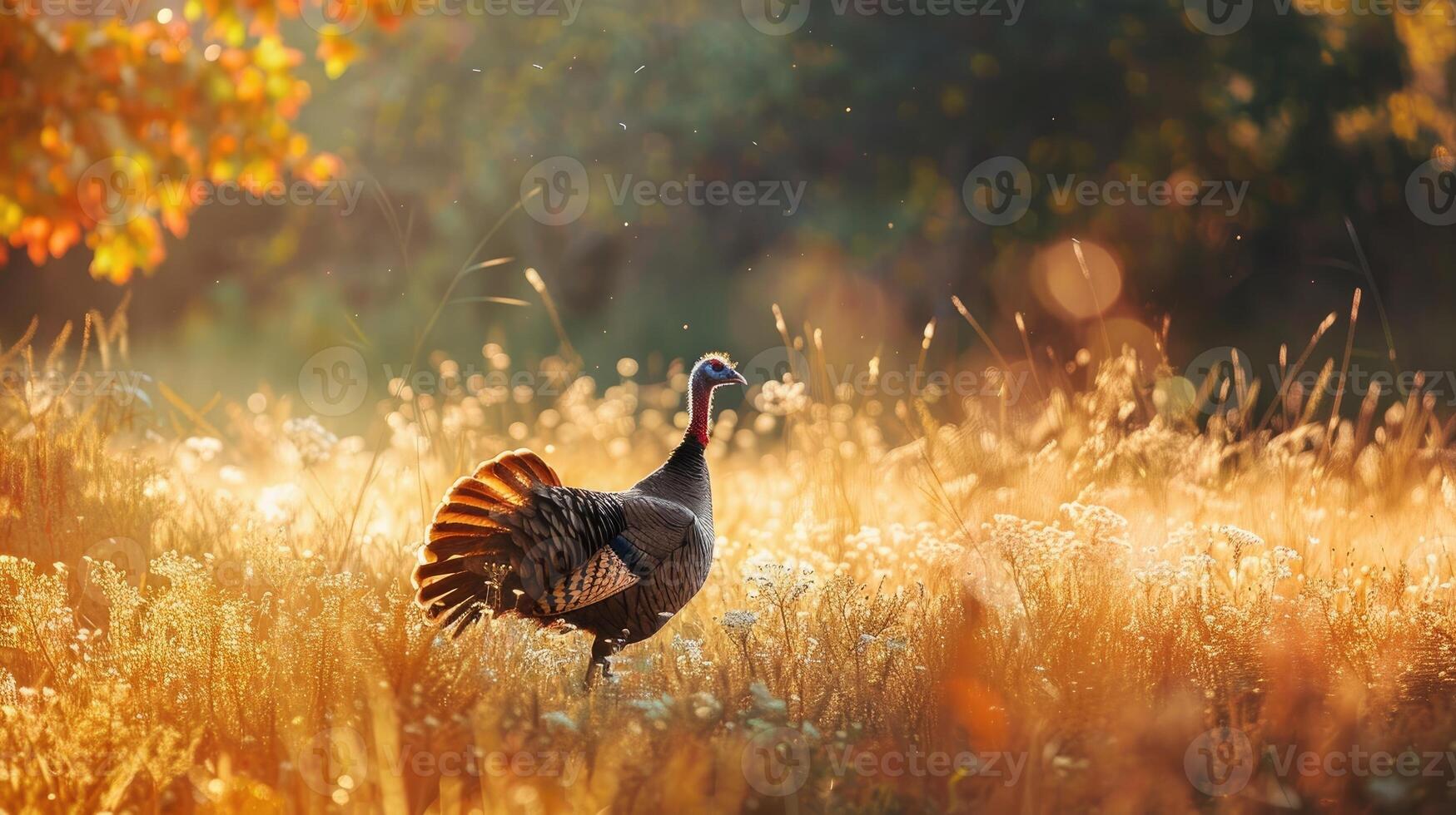 Wild turkey walks in the meadow. photo