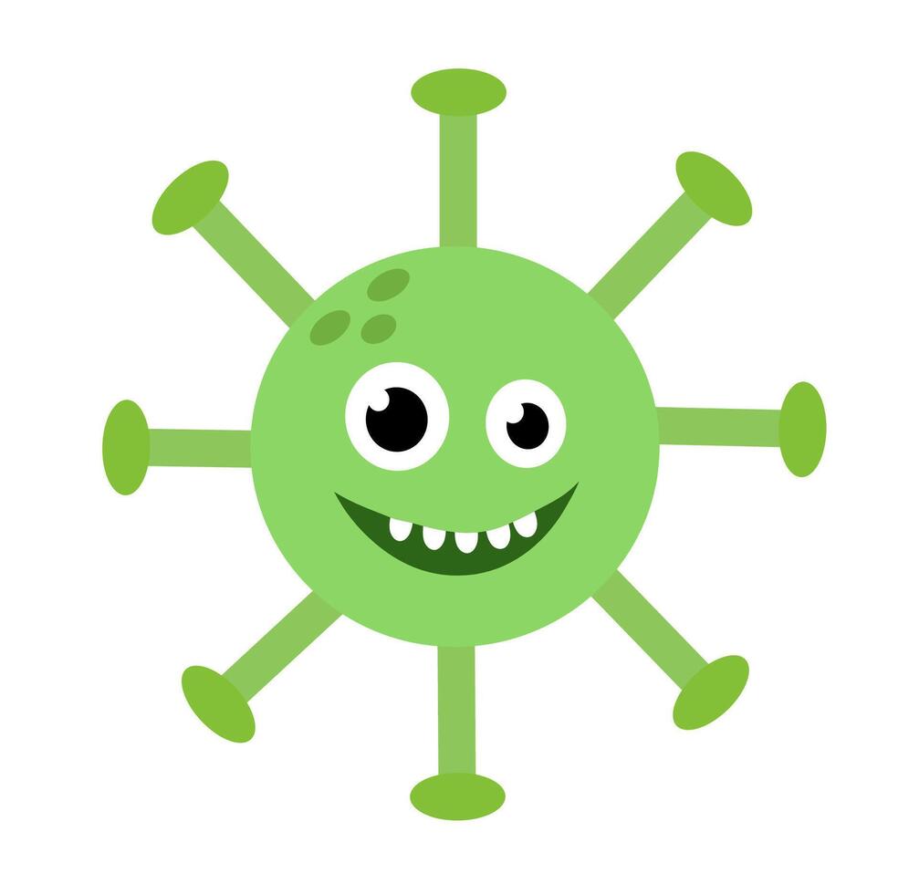 Cute cartoon character virus. Microbiology organism green color and funny face. Mascots expressing emotion. children illustration in flat design. vector