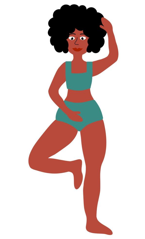 Body positive concept. Black Plus size Woman standing in pose yoga. Girl in green swimsuit. Cartoon flat illustration. vector