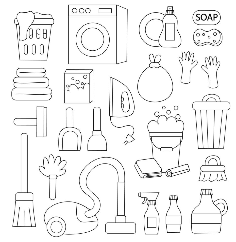 Cleaning Set Elements. Outline Lineart simple style. Black and white. Collection of cleaning tools. Washing machine. Cleaning products. Trash can. Vacuum cleaner. Hand drawn. Flat illustration vector