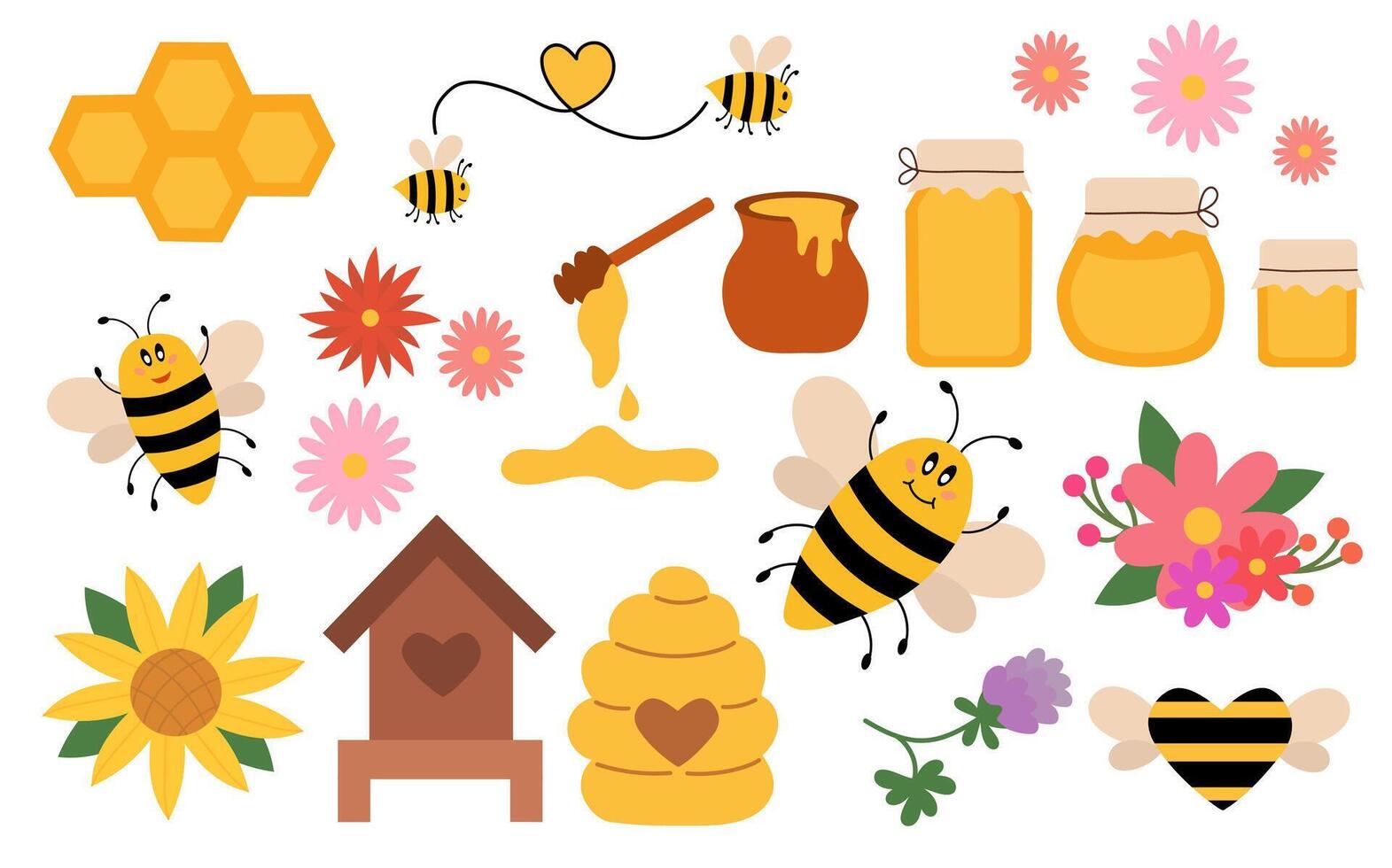 Honey flat Set elements, beekeeping industry. Jars and Pot, dipper spoon. Honeycombs, Hive. Funny bee. Flowers, Sunflower. Organic Eco farm fresh food and floral. Clip art . vector