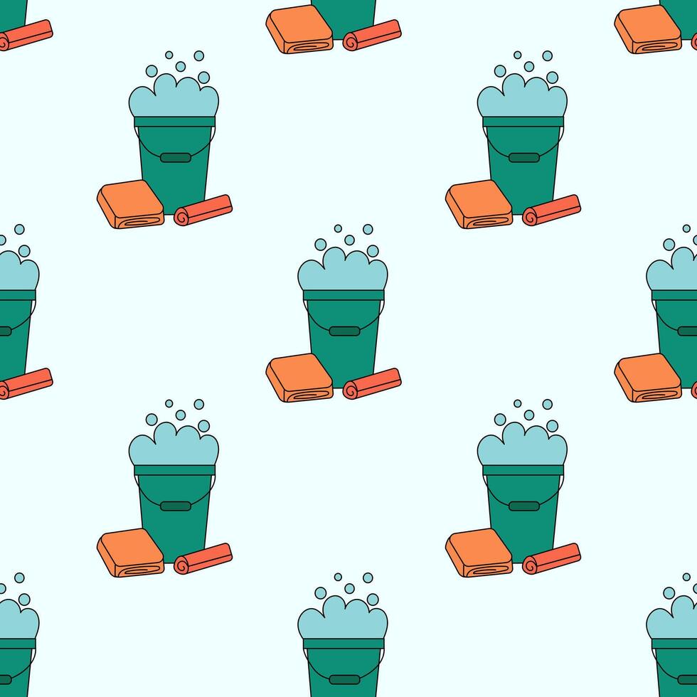 Seamless Pattern with Cleaning Tools Elements. Bucket of rags. Flat illustration. vector