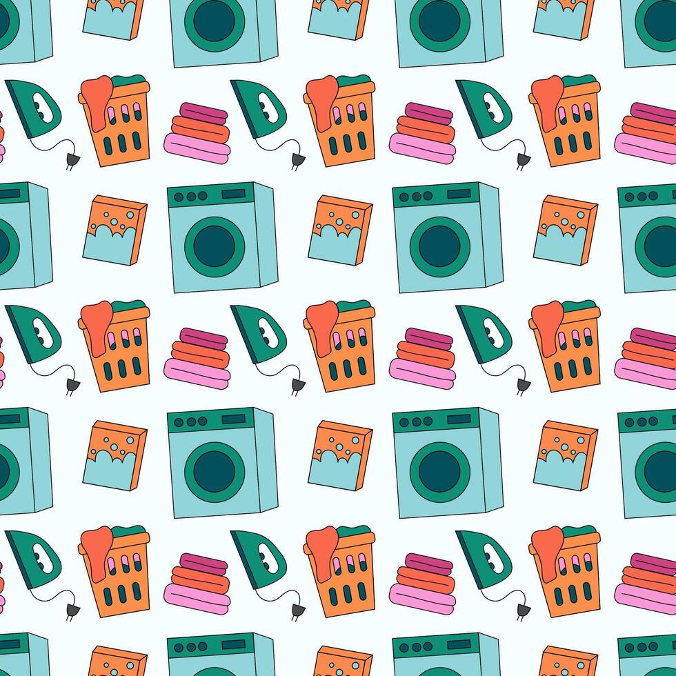 Seamless Pattern with Laundry Tools Elements. Washing machine, iron, washing powder, laundry basket, stack of clothes. Flat illustration. vector