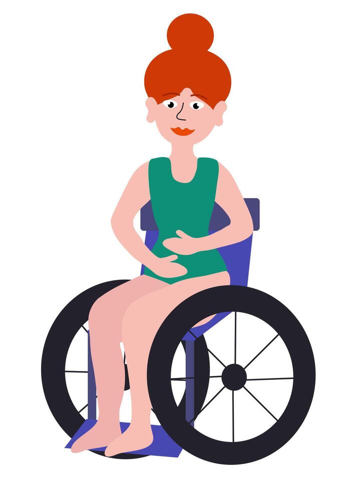 cuerpo positivo concepto. mujer con invalidez en silla de ruedas. contento pelirrojo niña en verde traje de baño. dibujos animados plano ilustración. vector