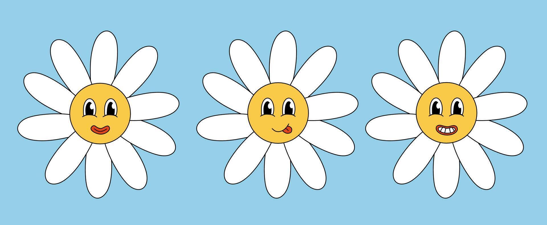 Retro 70s 60s 80s Hippie Groovy cute Daisy Flowers Set. Smiling face. Collection Chamomile Flower power elements. illustration isolated on blue background. vector