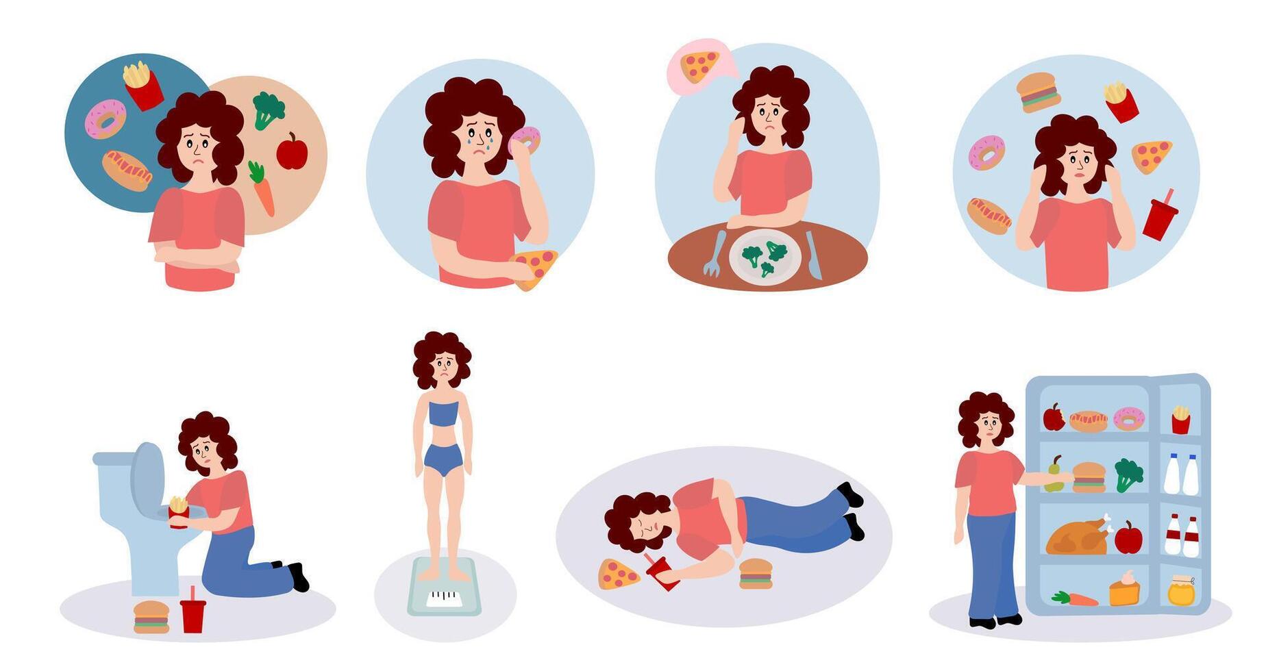 Eating disorder. Sad woman worries about being overweight. Overeating, bulimia, anorexia. Food addiction concept. Rejection of yourself. Set of illustrations in flat cartoon style. vector