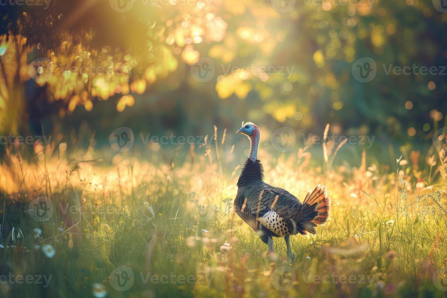 Wild turkey walks in the meadow. photo
