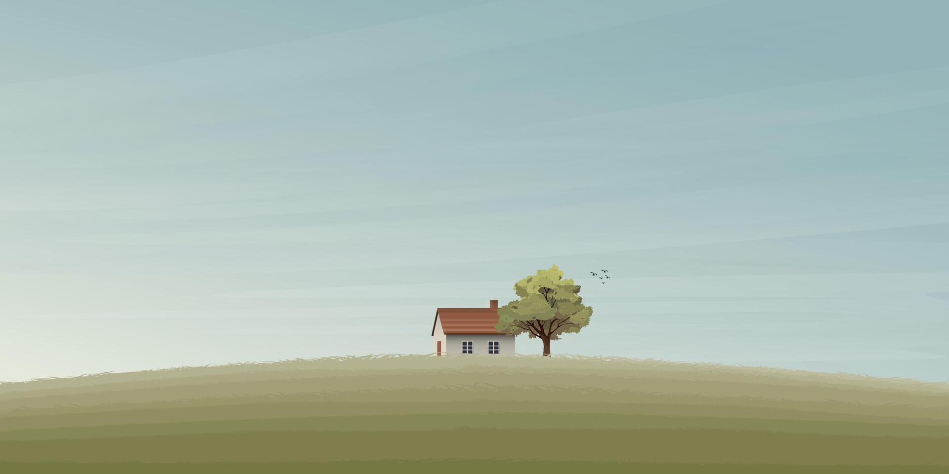 Country house on hill in the morning illustration have blank space. Countryside concept background. Autumn agriculture landscape. vector