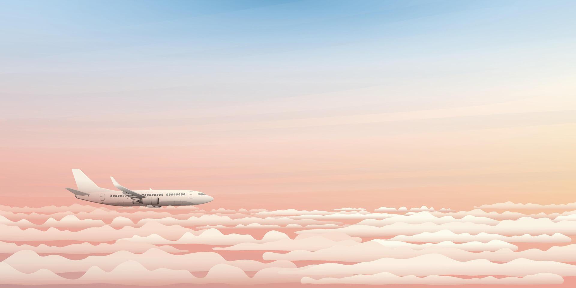 Airplane side view flying above the clouds with dramatic sky background illustration. Plane with sunset concept. vector