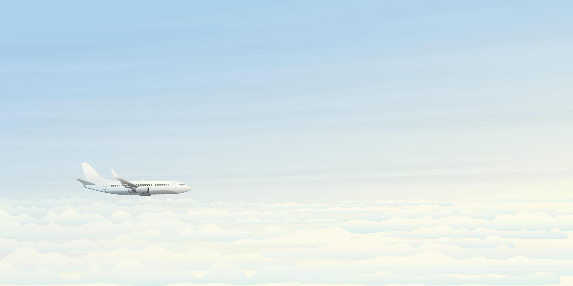 Airplane side view flying above the clouds with blue sky background illustration. vector