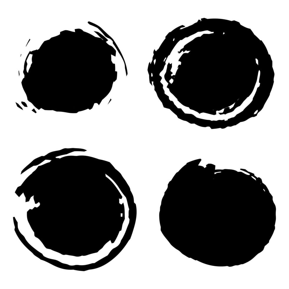 Set of circles grunge black borders isolated on white background. A group of labels with uneven rough edges drawn with an ink brush. Design elements, 4 circle frames. Grunge borders vector