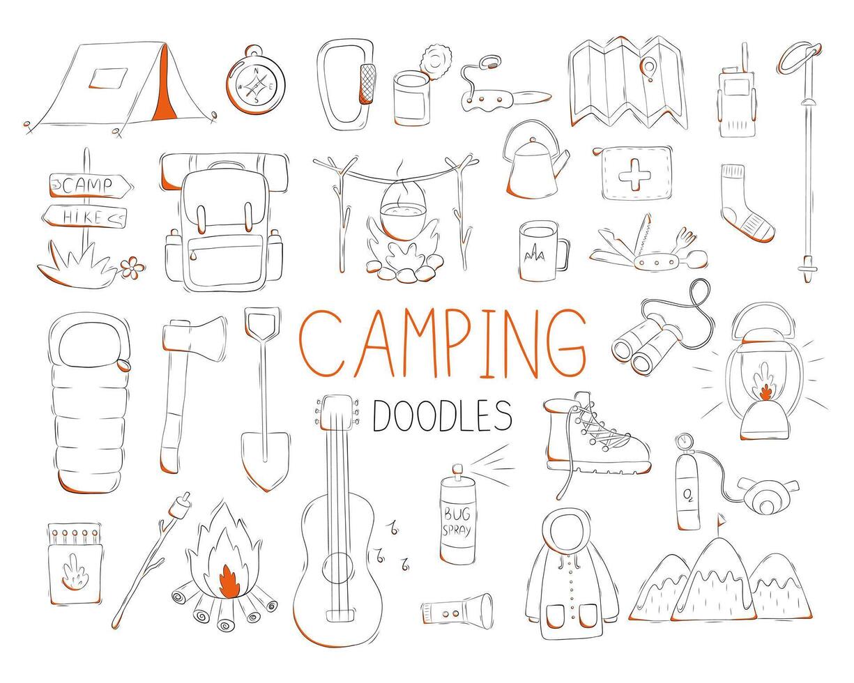 Set of doodles of camping and trekking and hiking. illustration. vector