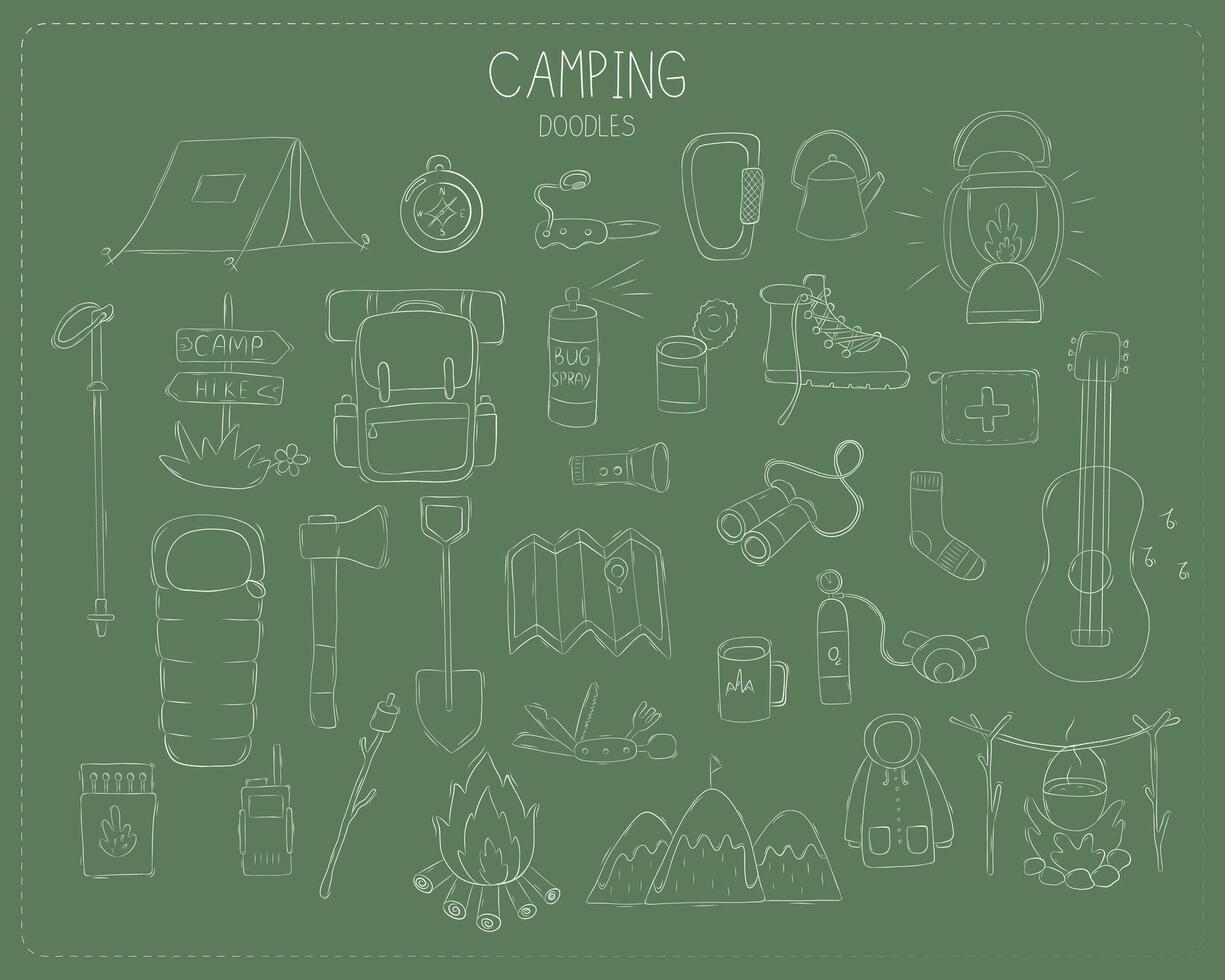 Camping and hiking elements in doodle style on green eco background. illustration. vector