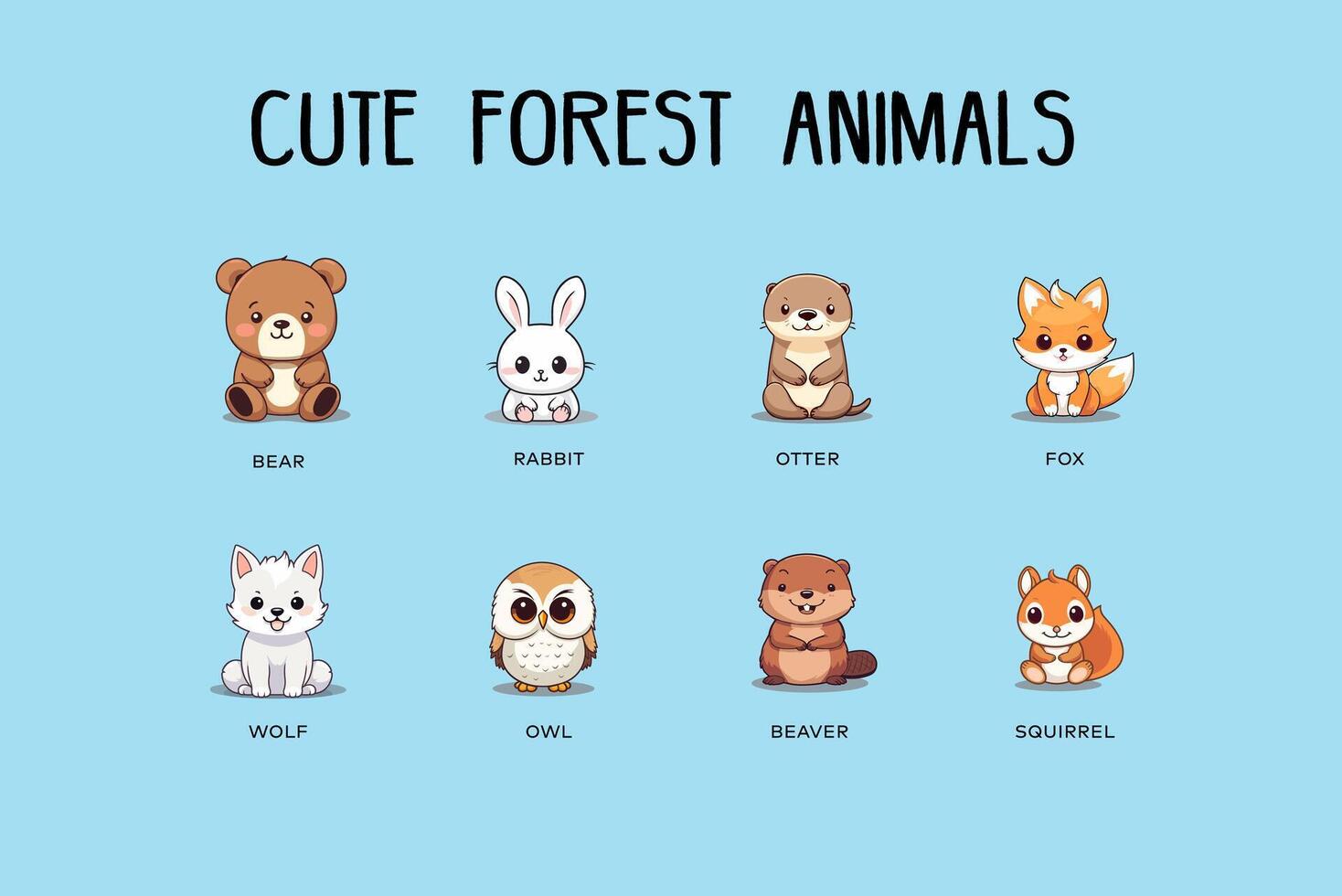 collection of chibi cute forest animals flat colourful illustration vector