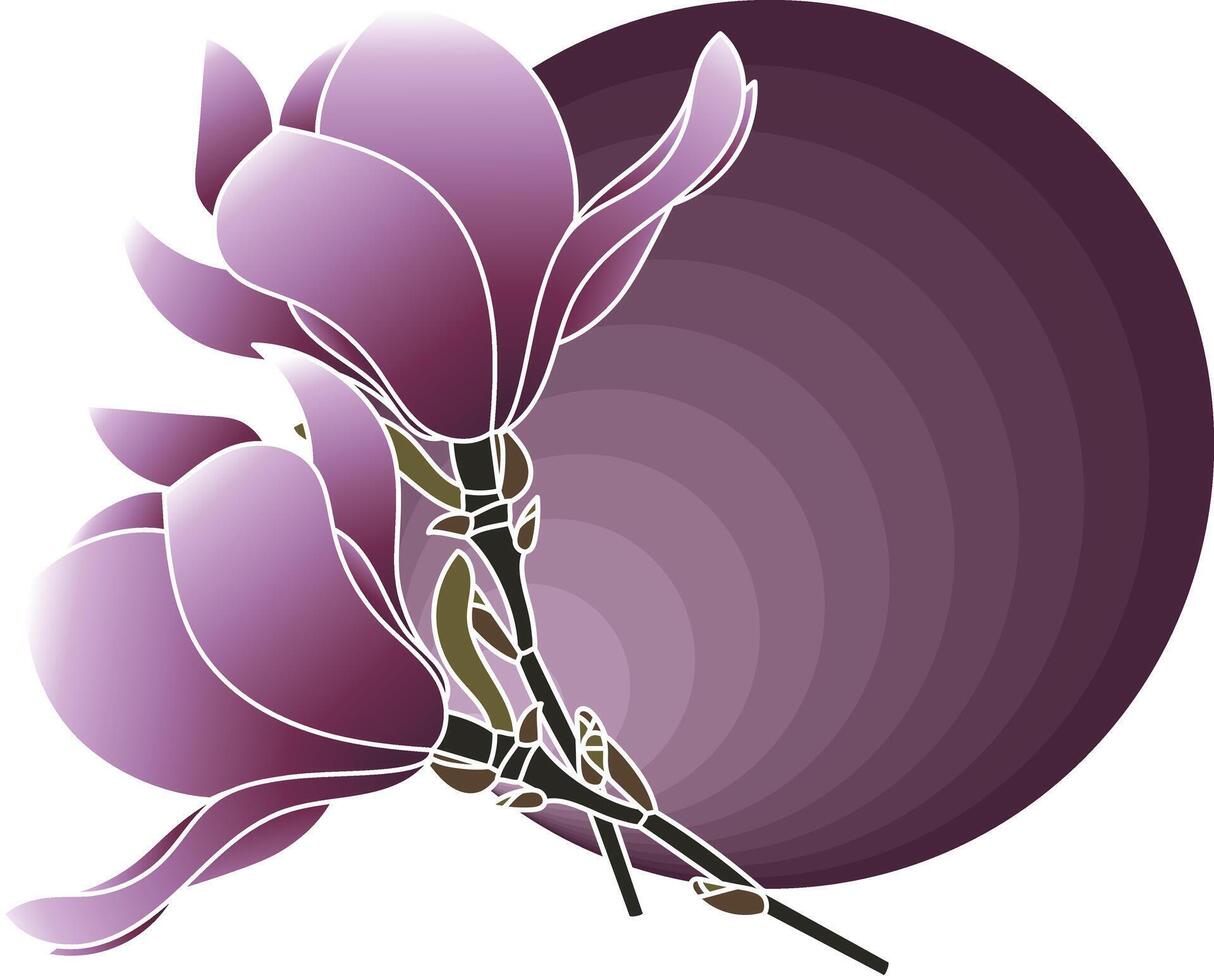 Illustration of verbanica saucer magnolia flower on dark violet circle background. vector