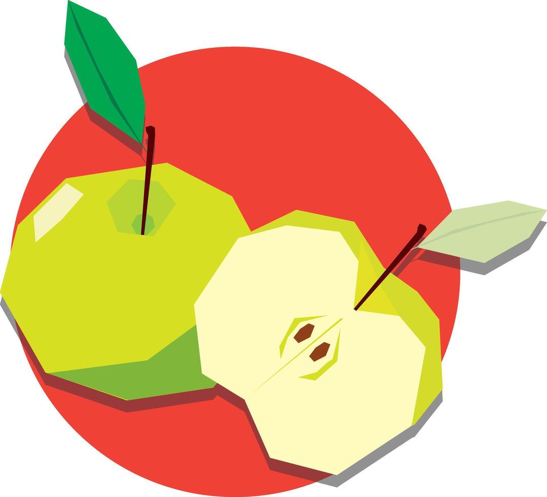Illustration pattern of green apple with leaf on red circle background. vector
