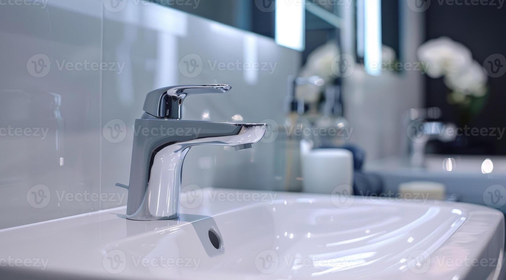A close-up of a modern sensor tap in a high-quality bathroom setting, showcasing the sleek design and innovation of water conservation. photo