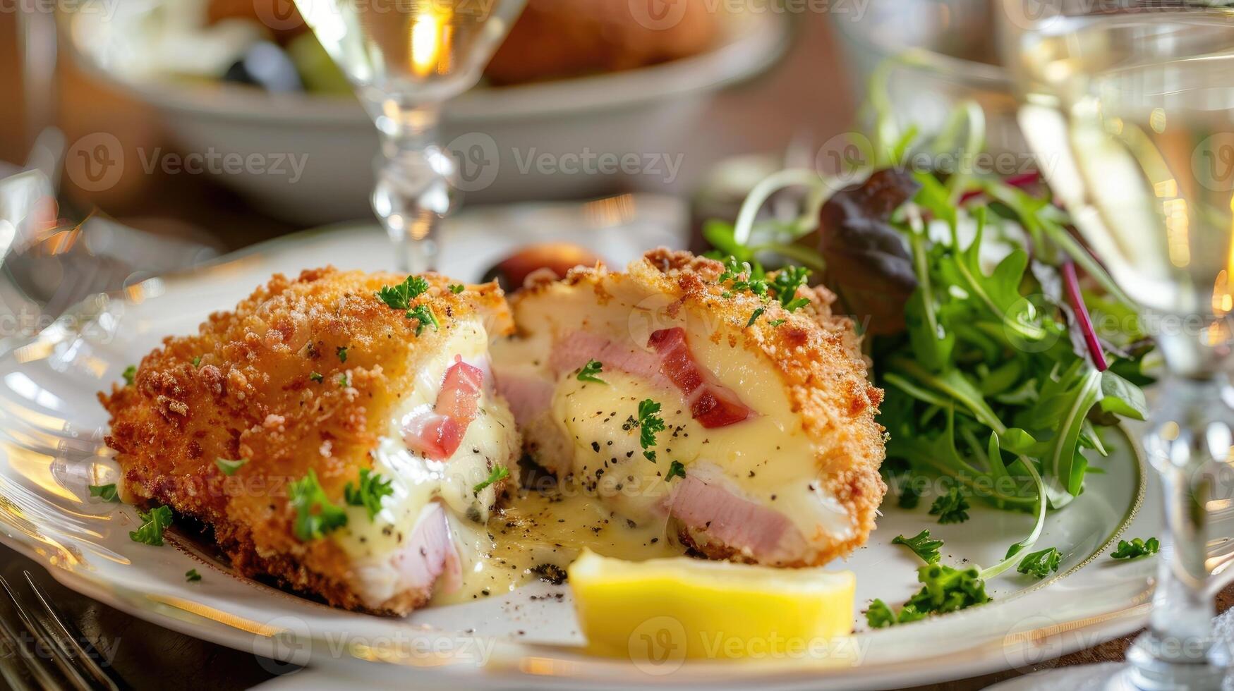 Breaded cutlet stuffed with ham and cheese, sliced in half to reveal the melty interior, on a fine porcelain plate. photo