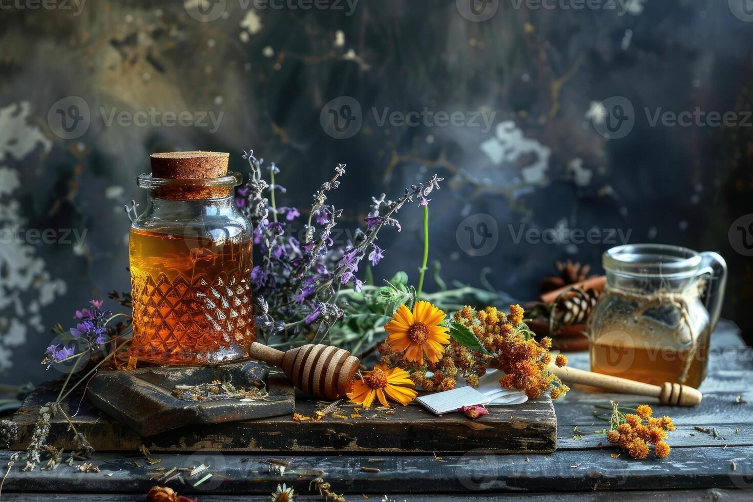 Preparation of herbs, homeopathy, dried flowers and honey. photo