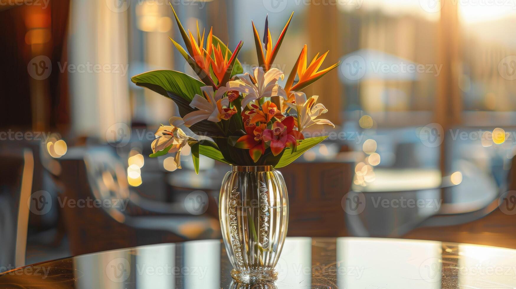 Beautiful bird of paradise flower arrangement in a crystal vase photo