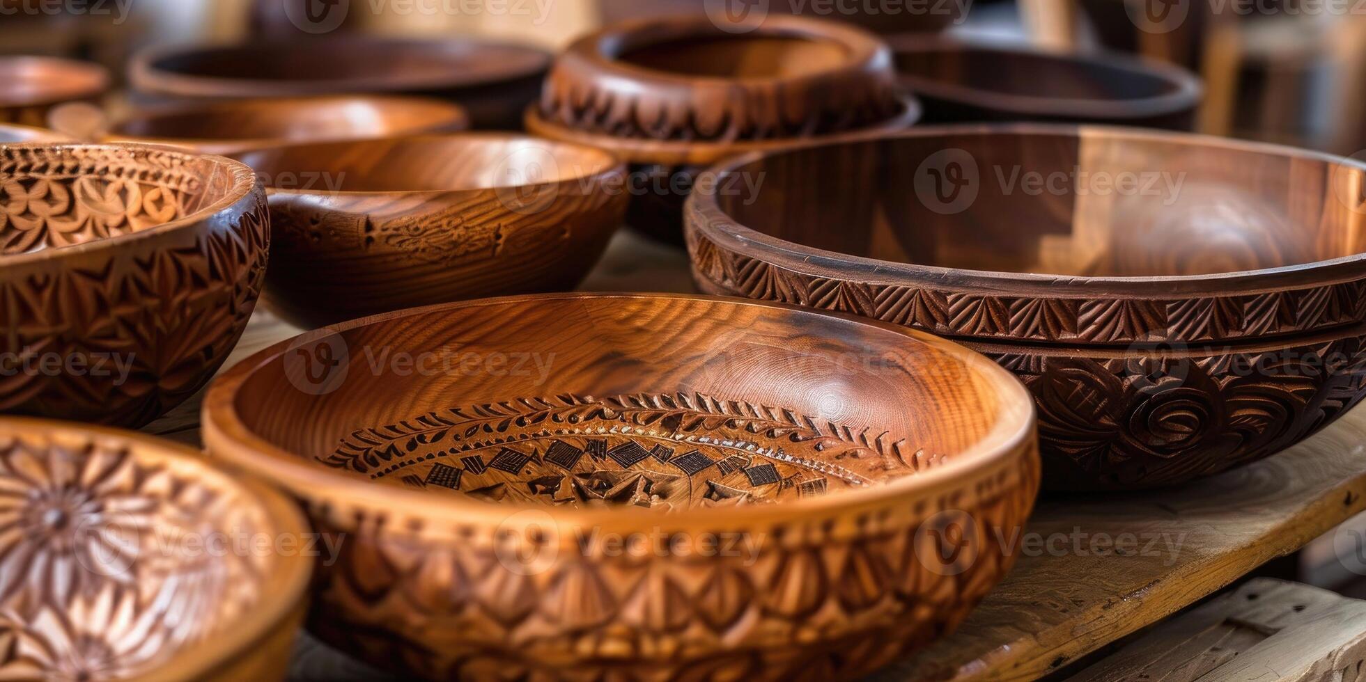 Handcrafted wooden bowls on a table photo