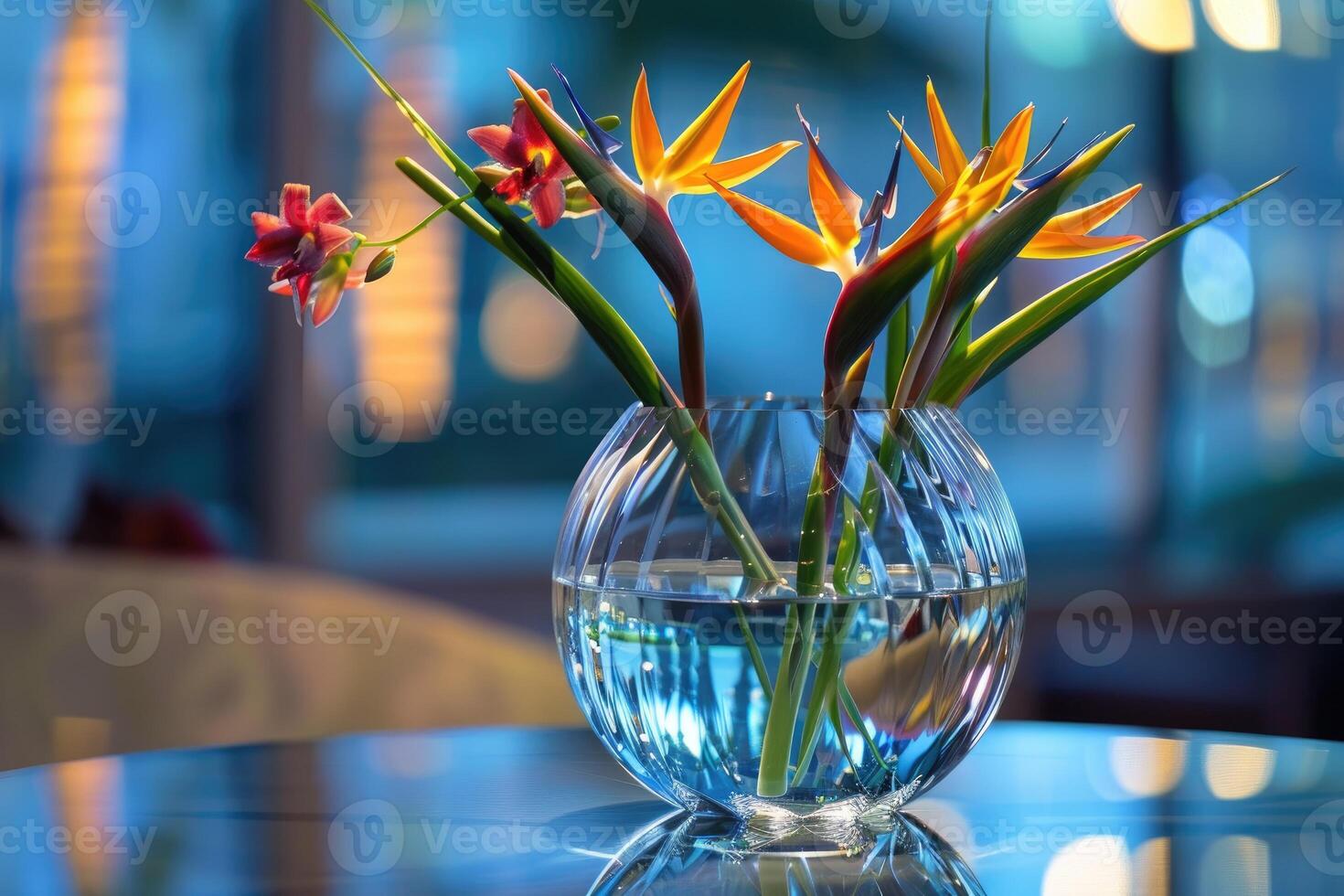 Beautiful bird of paradise flower arrangement in a crystal vase photo