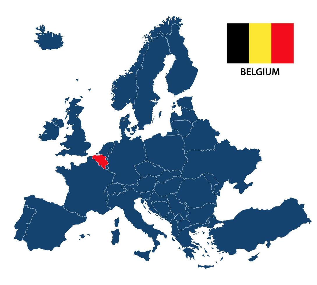 illustration of a map of Europe with highlighted Belgium and Belgian flag isolated on a white background vector