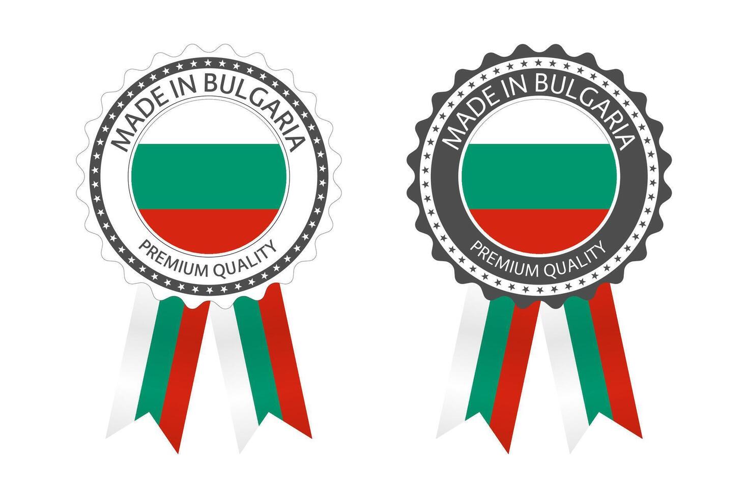 dos moderno hecho en Bulgaria etiquetas aislado en blanco fondo, sencillo pegatinas en búlgaro colores, prima calidad sello diseño, bandera de Bulgaria vector