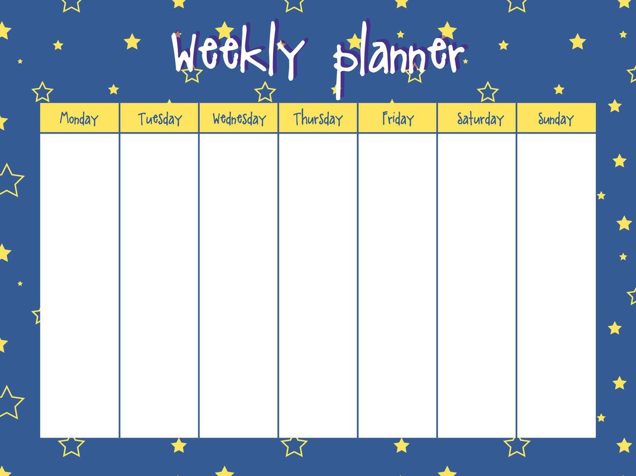 Starry night Weekly planner for busy hardworking person. Blank template with stars. vector