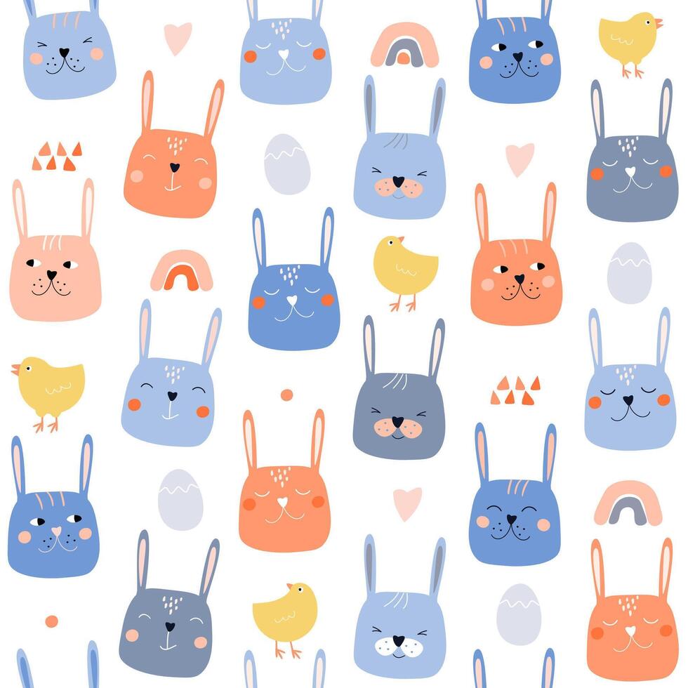 Seamless pattern with cute, cheerful bunnies, chickens, hares, eggs. Spring abstract print. vector