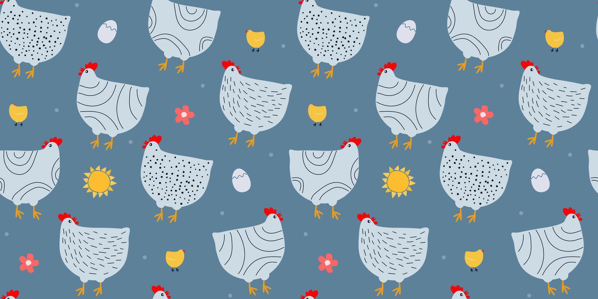 Seamless pattern with hens and chickens, eggs. Abstract pattern with poultry. vector