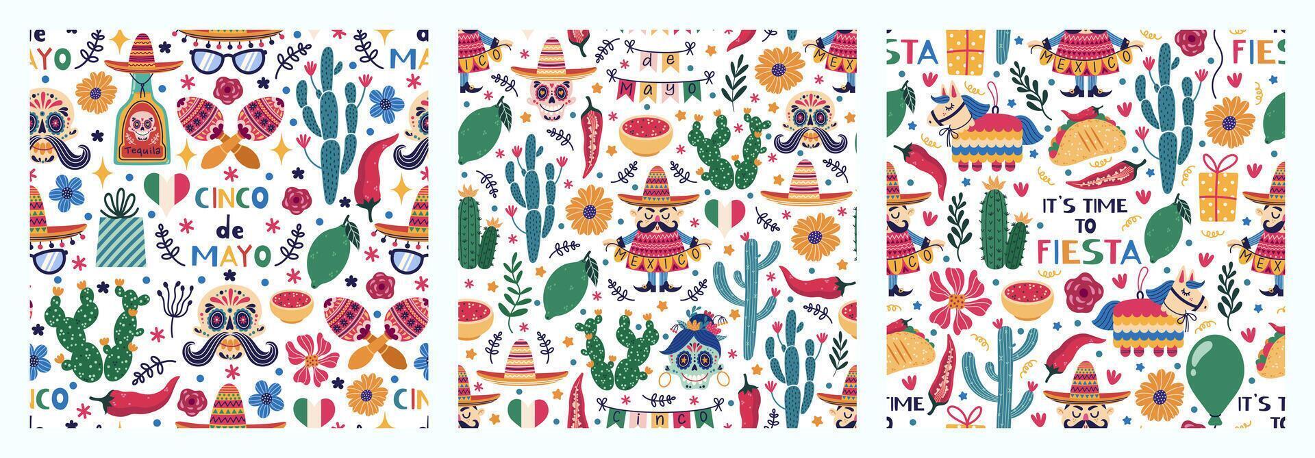 Mexico seamless patterns set. Carnival celebration - tequila, lime, taco, sugar skulls, cacti, flowers, maracas, pinata, sombrero. Fiesta, Cinco de Mayo holiday on May 5th. Cartoon backgrounds vector