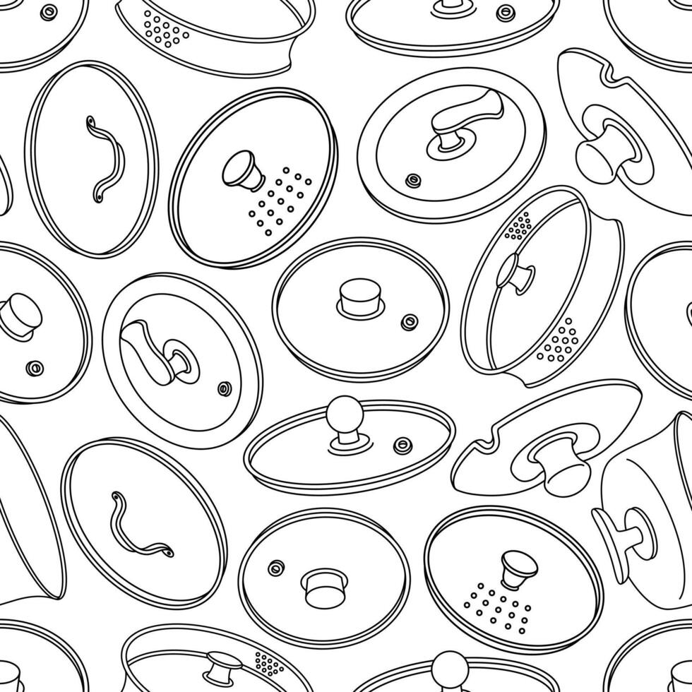 Lids seamless pattern. Cookware made of glass, porcelain, plastic. Caps with steel and wood handles, holes for steam. Kitchen covers for frying pan, pot, utensil. Black and white background vector