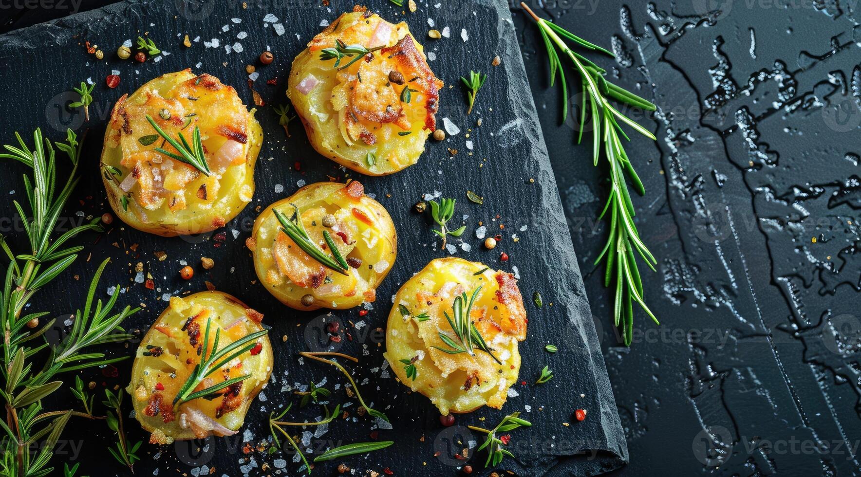 Crushed, smashed potatoes baked with rosemary and thyme. Black background. Top view. photo