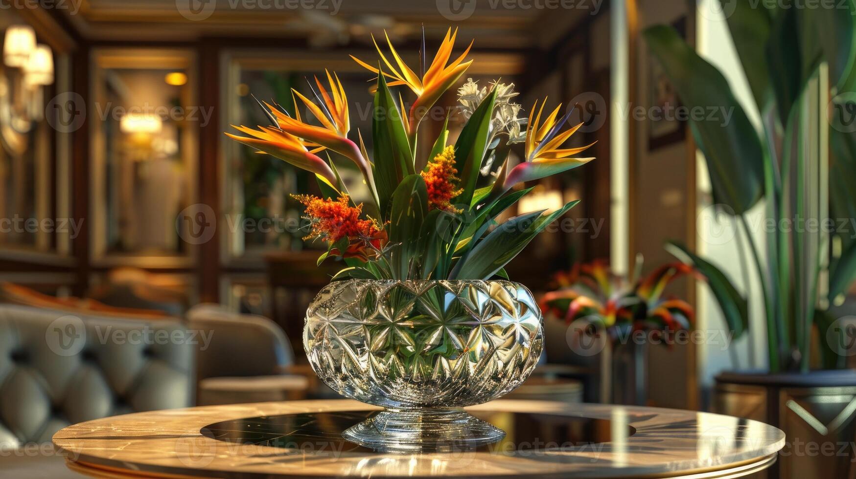 Beautiful bird of paradise flower arrangement in a crystal vase photo