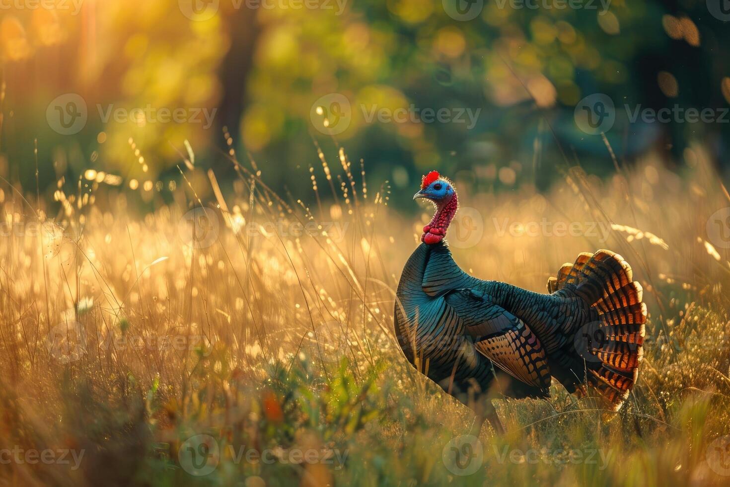 Wild turkey walks in the meadow. photo