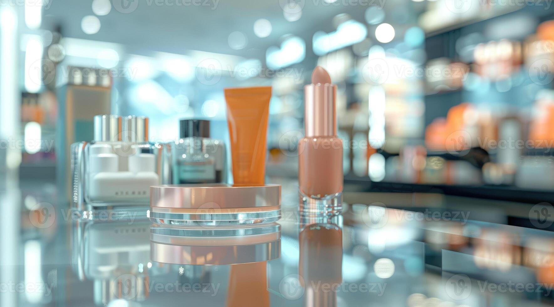 Cosmetics products on table inside shop. photo