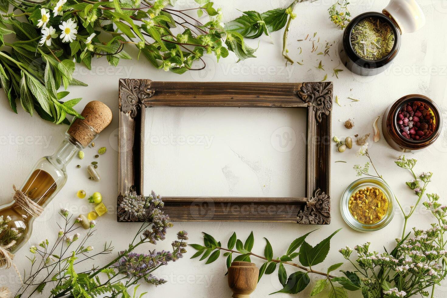Harvest of medicinal plants healing spicy herbs, alternative medicine. photo