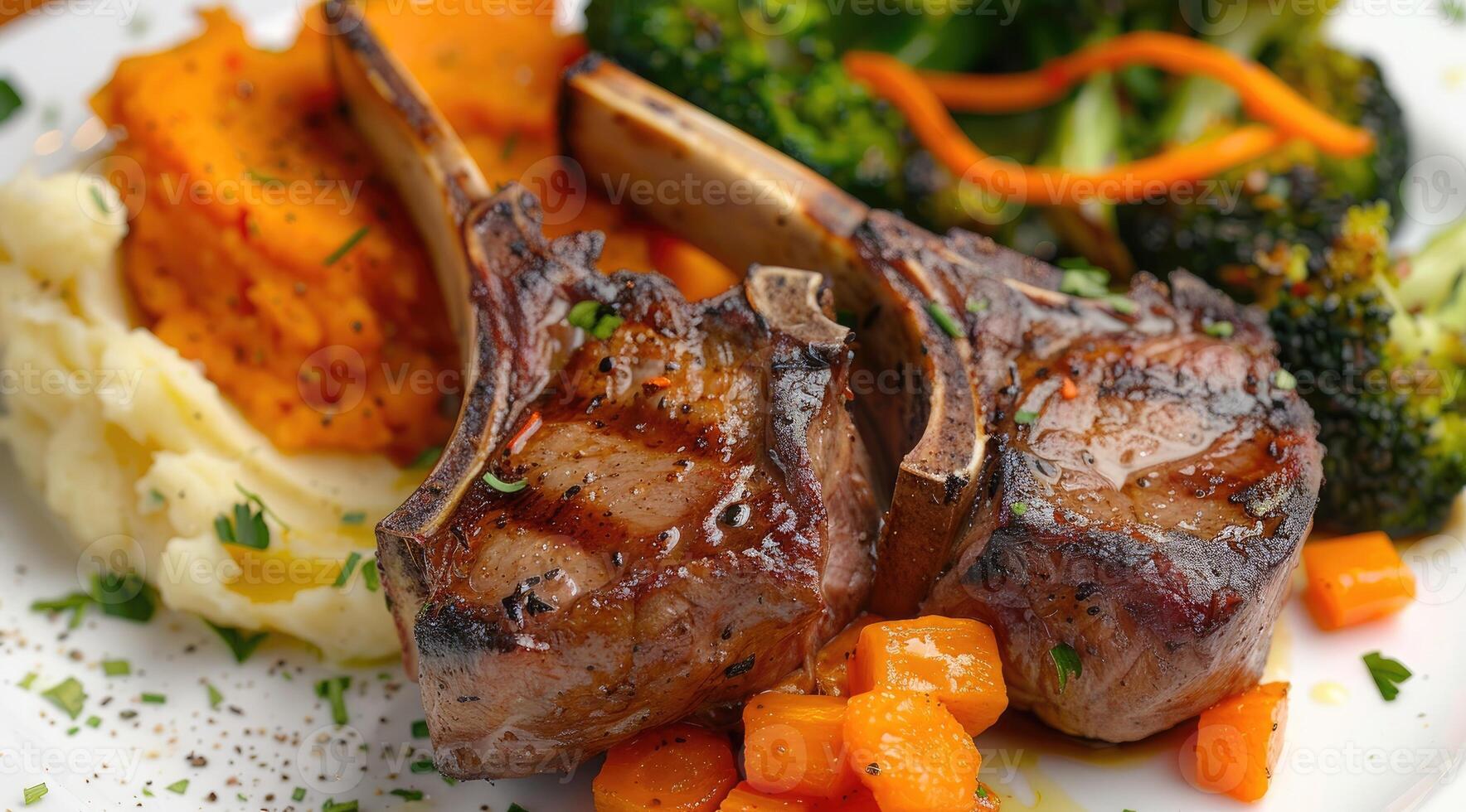 Roasted lamb chops with a side of mashed sweet potato and steamed vegetables. The steamed vegetables are a mix of broccoli and carrots. photo