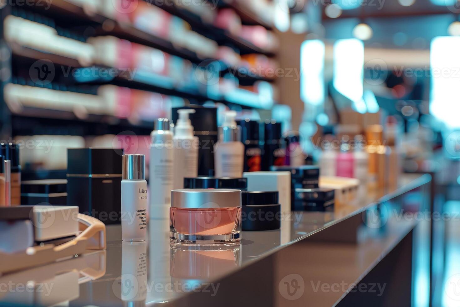 Cosmetics products on table inside shop. photo