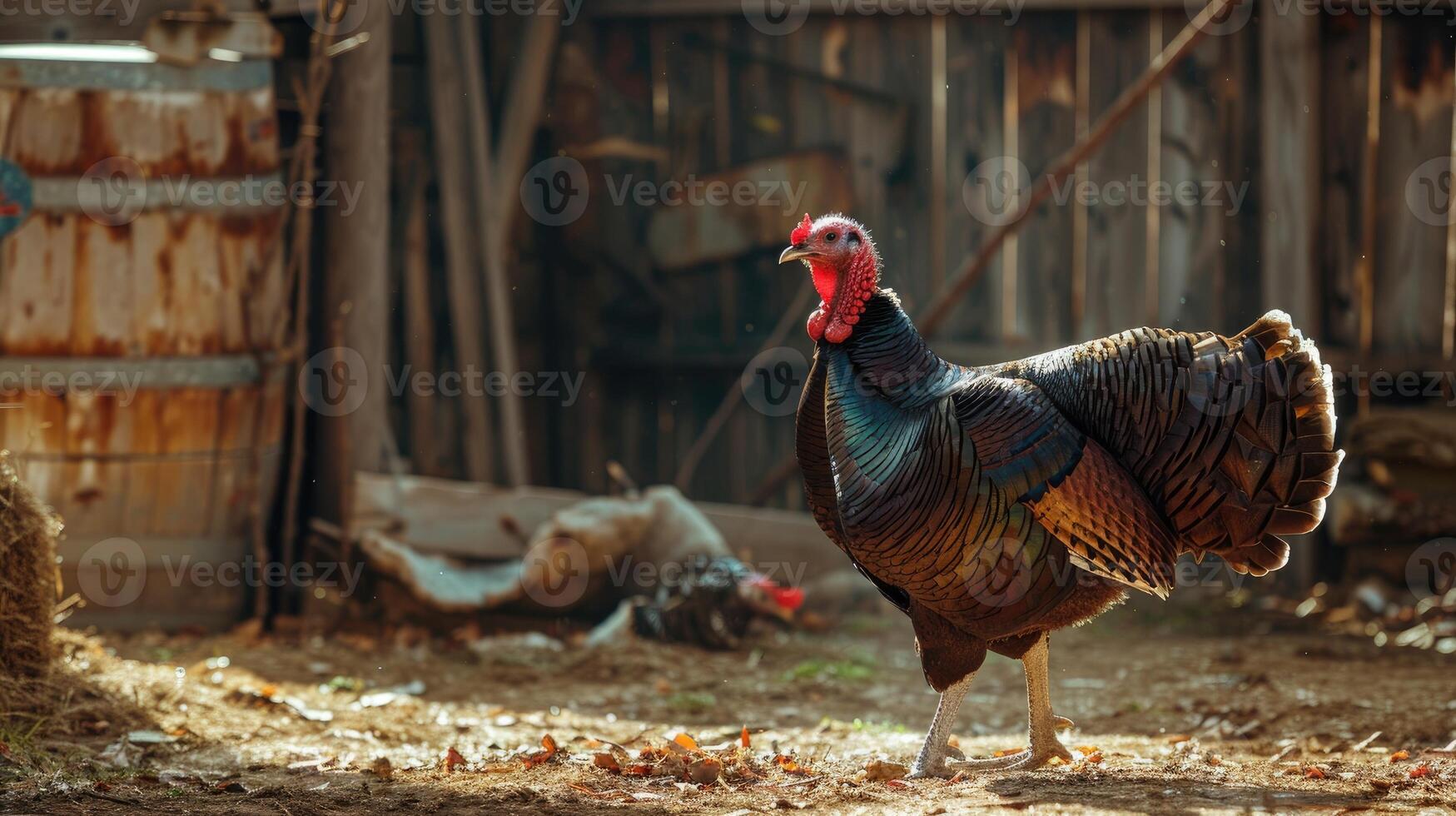 Wild turkey walks a rustic farmyard. photo