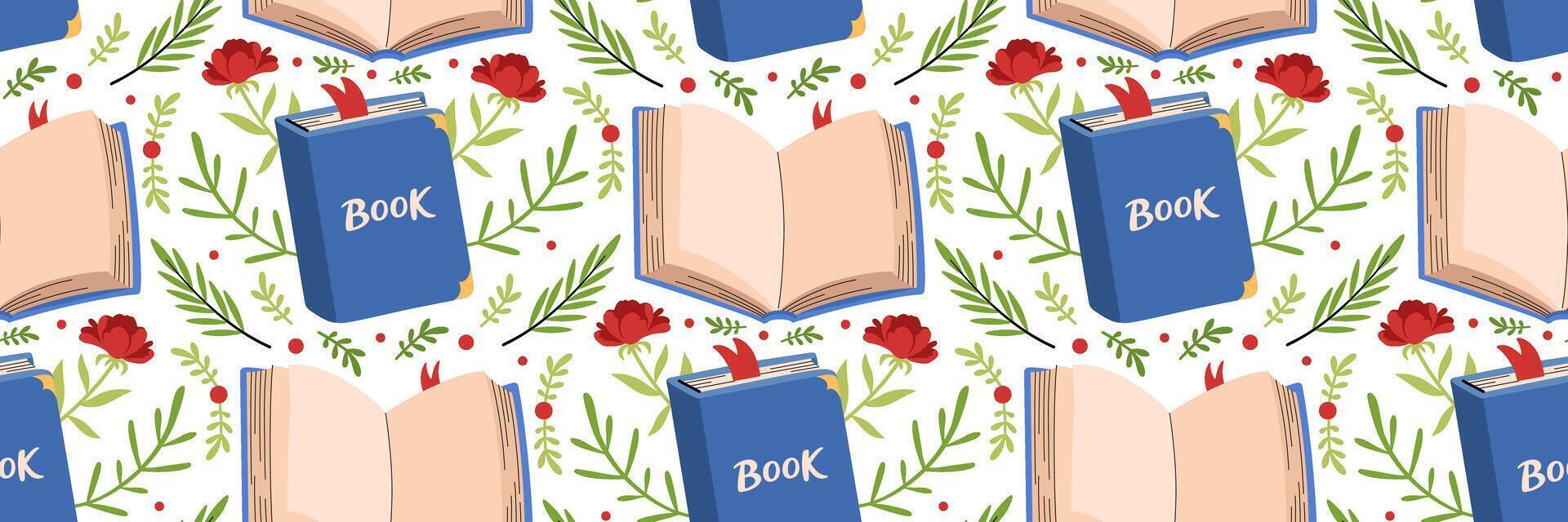 Open Book seamless pattern. World book day celebration background. Hand drawn lettering. Floral pattern. For invitation cards, wrapping paper, wallpaper or fabric, textile. flat illustration. vector