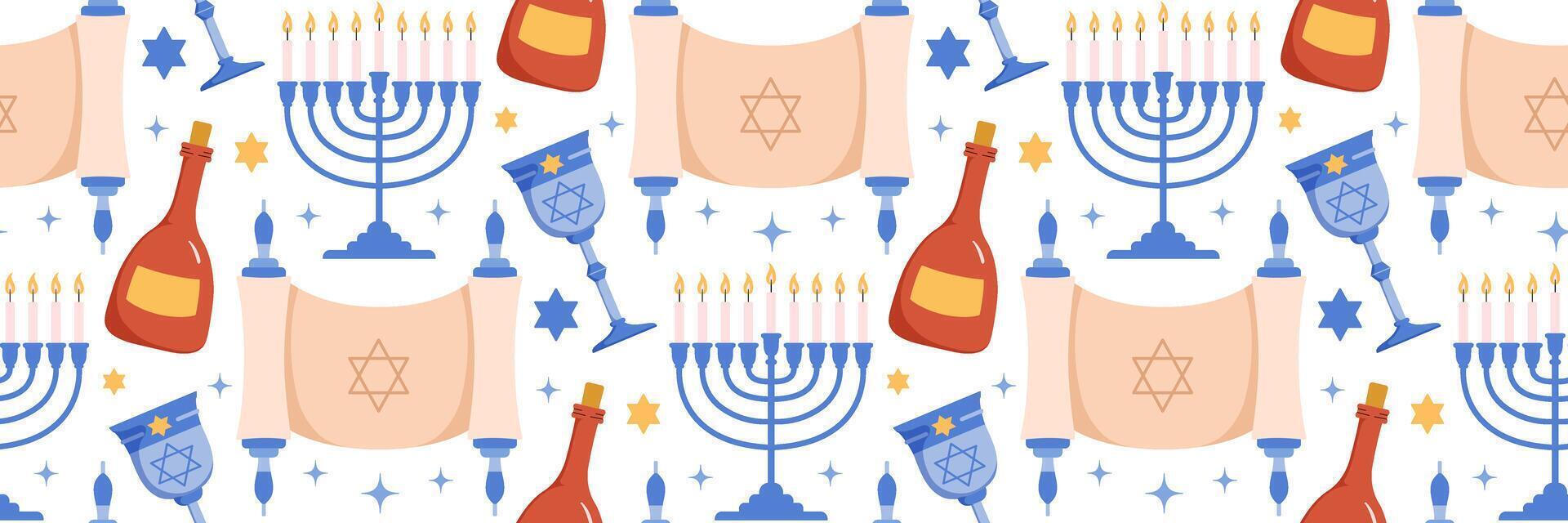 Happy Passover celebration seamless pattern. Jewish holiday Pesach background. Traditional icon menorah, wine, scroll, Star of David, Elijah's Cup. For wallpaper, invitation. flat illustration. vector