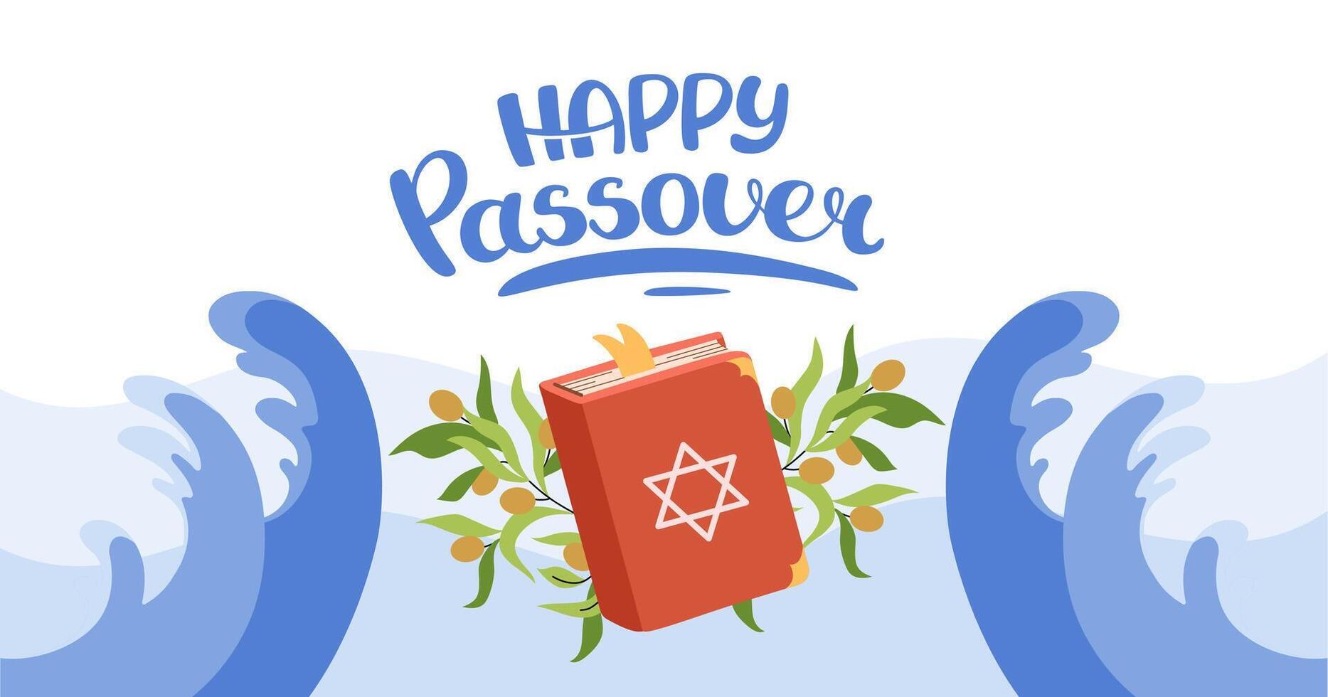Happy Passover web banner. Invitation background. Tradition icons torus, olive branch, wave red sea. Hand drawn lettering. Horizontal blue Backdrop postcard, poster. flat illustration. vector