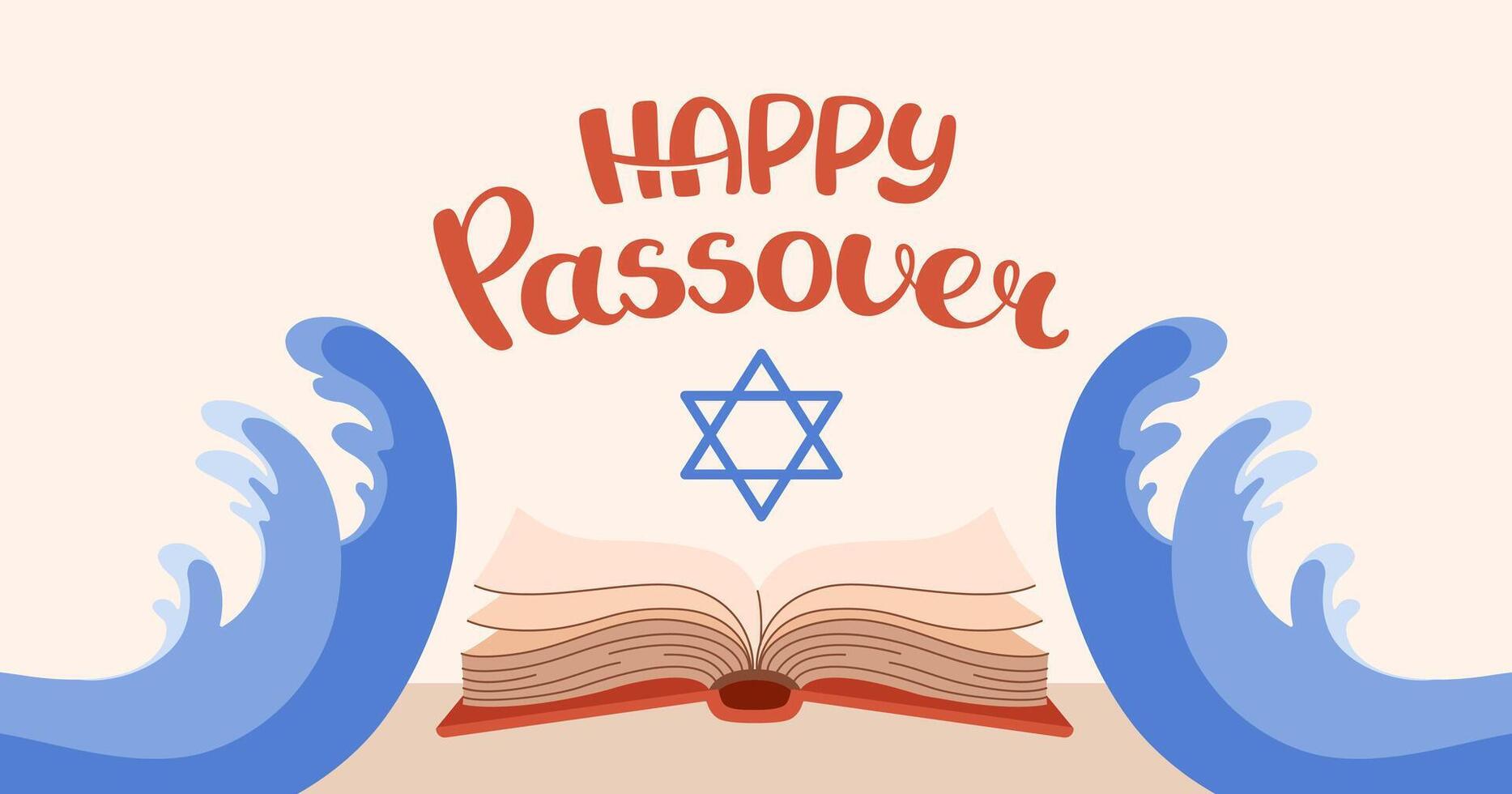 Happy Passover web banner. Invitation background. Tradition icons torus, wave red sea, Star of David. Hand drawn lettering. Horizontal Backdrop postcard, poster. flat illustration. vector