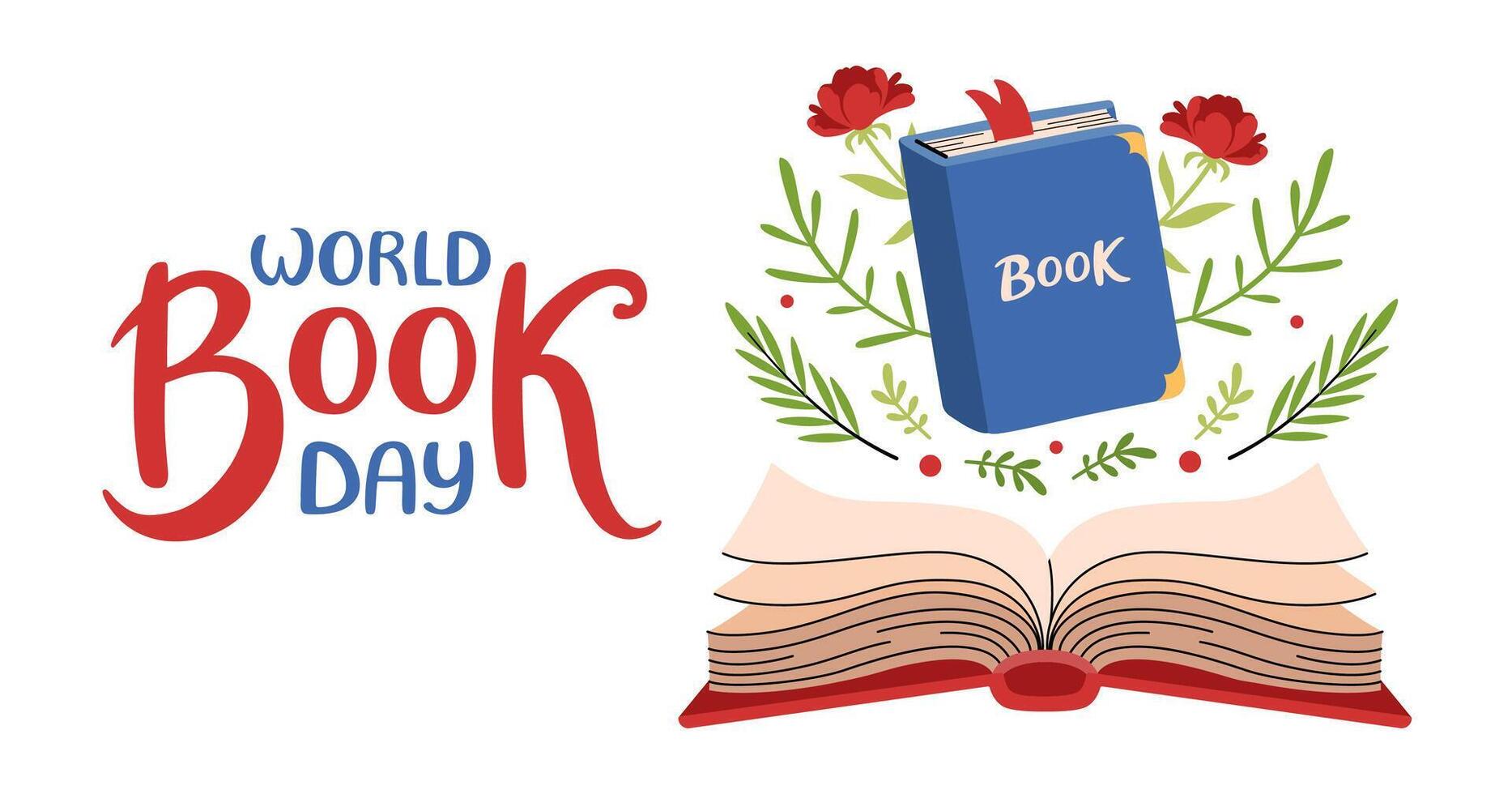 World Book day web banner. Open book with floral pattern. Festive Invitation background for books lovers. Hand drawn lettering. Horizontal Backdrop postcard, poster, template. flat illustration vector